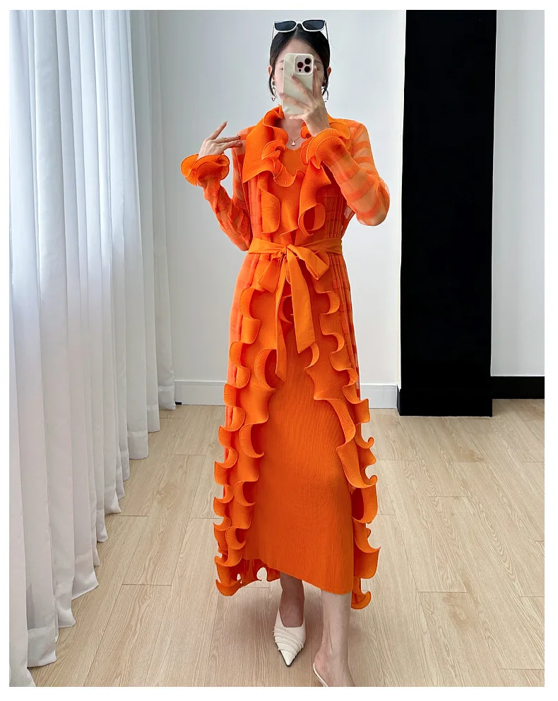 Miyake Women's Dress Women's Fall 2024 New Ruffle Edge Solid Color Versatile Elegant Tank Top Dress Pleated Windbreaker