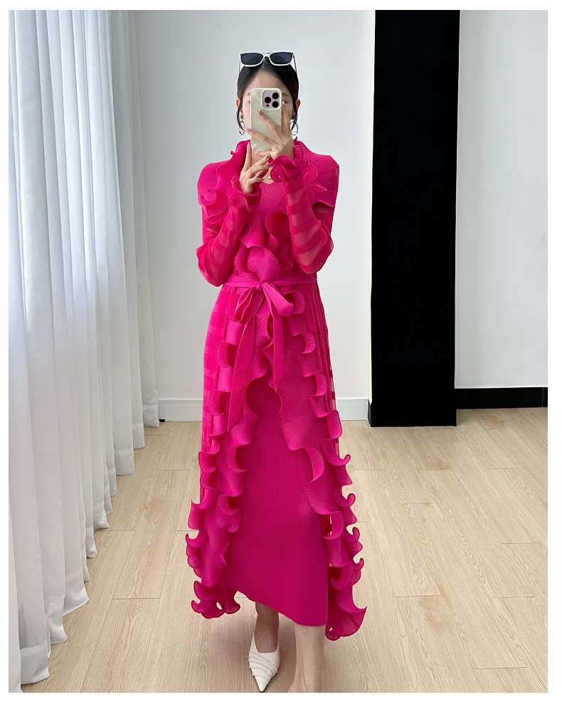 Miyake Women's Dress Women's Fall 2024 New Ruffle Edge Solid Color Versatile Elegant Tank Top Dress Pleated Windbreaker