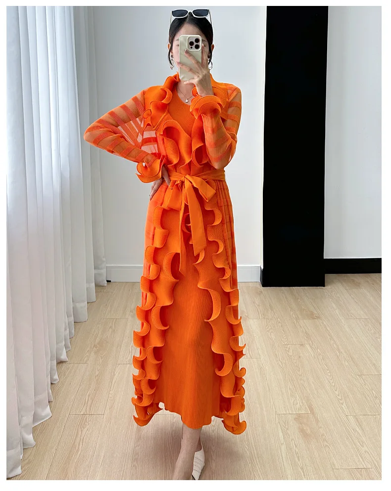 Miyake Women's Dress Women's Fall 2024 New Ruffle Edge Solid Color Versatile Elegant Tank Top Dress Pleated Windbreaker