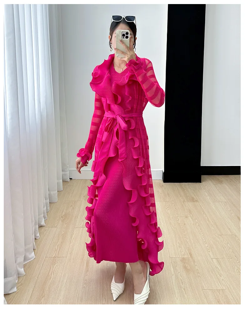Miyake Women's Dress Women's Fall 2024 New Ruffle Edge Solid Color Versatile Elegant Tank Top Dress Pleated Windbreaker