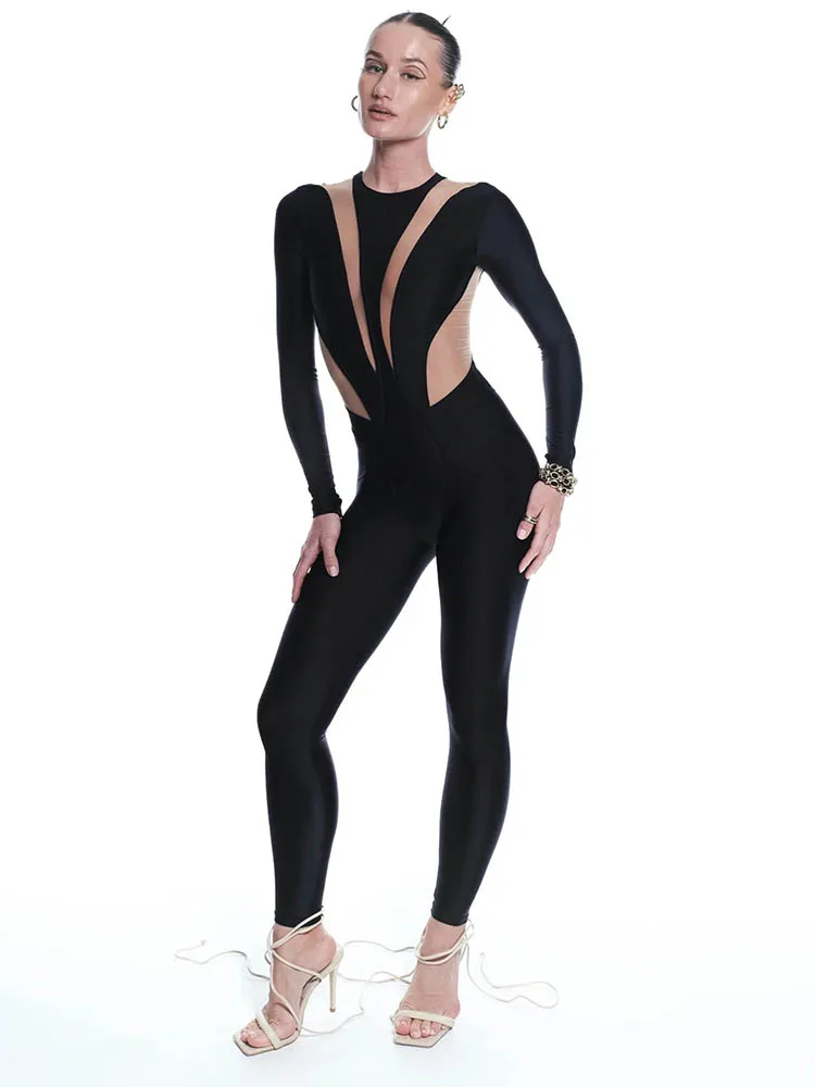 Fashion High Street Mesh Patchwork Jumpsuits Woman Rompers Casual Sexy O-Neck Long Sleeve Skinny Tops Jumpsuit Women Overalls