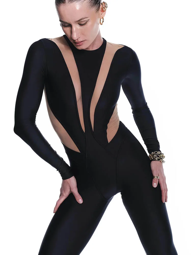 Fashion High Street Mesh Patchwork Jumpsuits Woman Rompers Casual Sexy O-Neck Long Sleeve Skinny Tops Jumpsuit Women Overalls