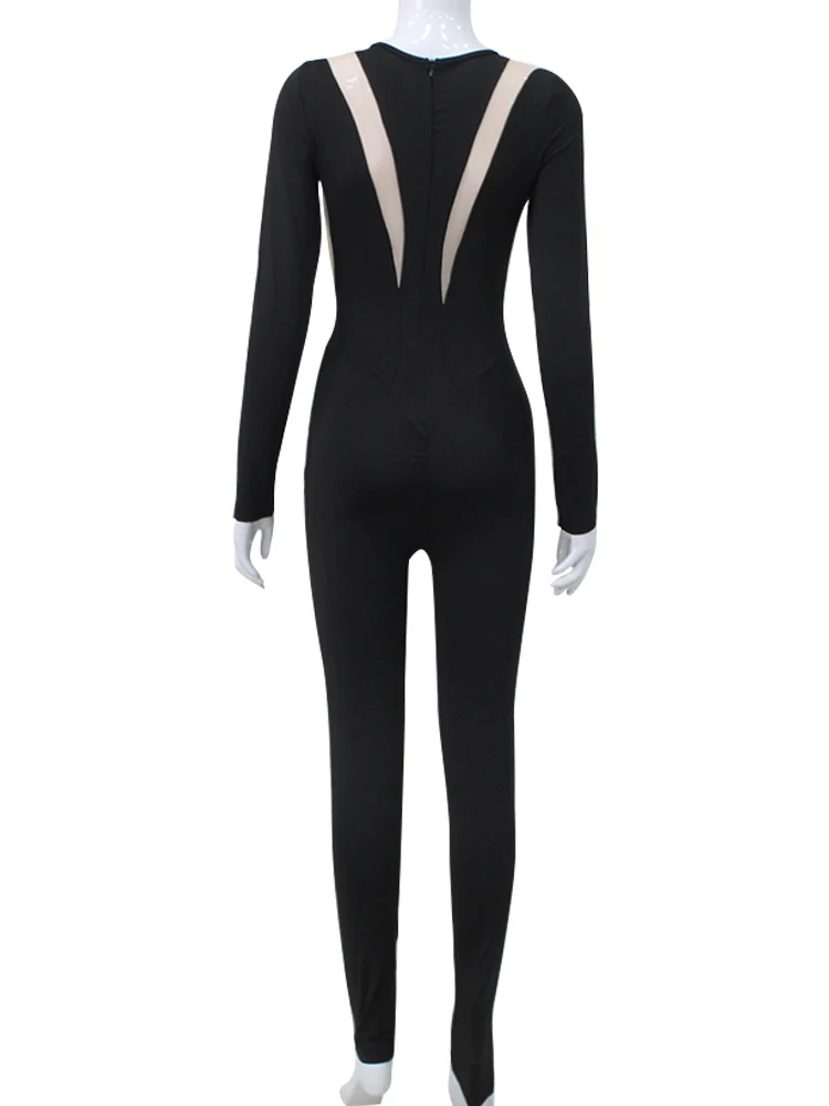 Fashion High Street Mesh Patchwork Jumpsuits Woman Rompers Casual Sexy O-Neck Long Sleeve Skinny Tops Jumpsuit Women Overalls