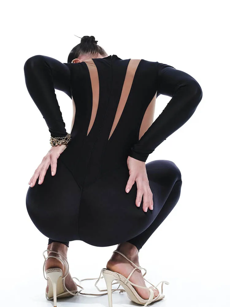 Fashion High Street Mesh Patchwork Jumpsuits Woman Rompers Casual Sexy O-Neck Long Sleeve Skinny Tops Jumpsuit Women Overalls