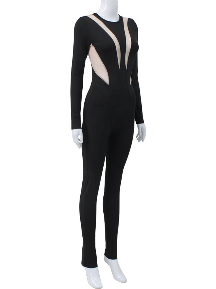 Fashion High Street Mesh Patchwork Jumpsuits Woman Rompers Casual Sexy O-Neck Long Sleeve Skinny Tops Jumpsuit Women Overalls