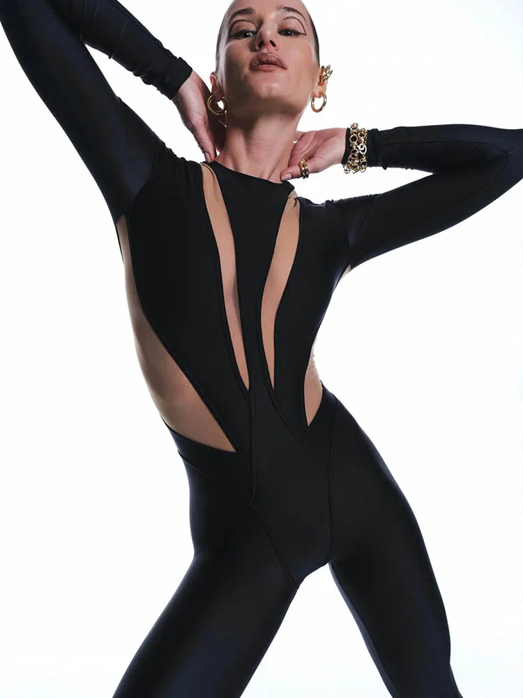 Fashion High Street Mesh Patchwork Jumpsuits Woman Rompers Casual Sexy O-Neck Long Sleeve Skinny Tops Jumpsuit Women Overalls