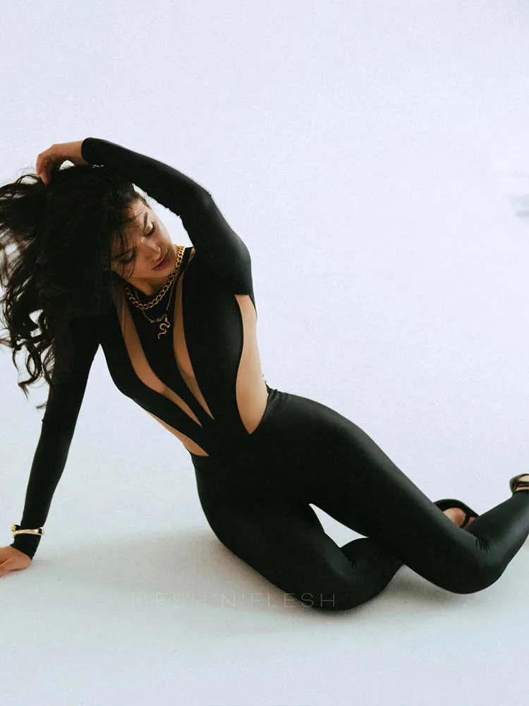 Fashion High Street Mesh Patchwork Jumpsuits Woman Rompers Casual Sexy O-Neck Long Sleeve Skinny Tops Jumpsuit Women Overalls