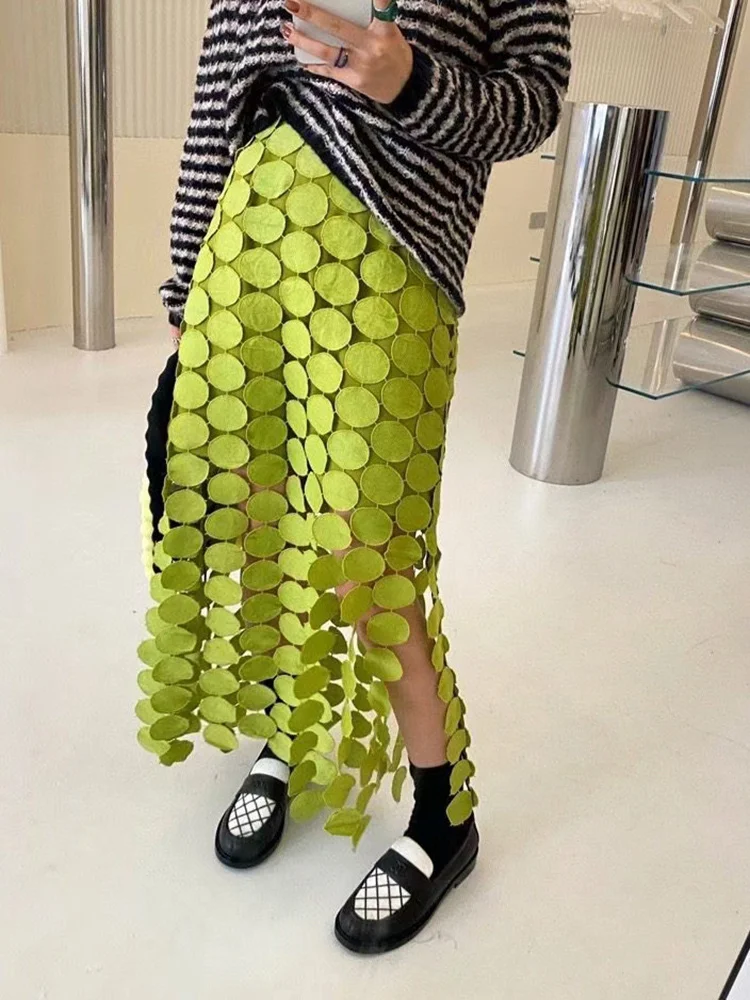 CHICEVER Tassel Panel Skirt For Women High Waist Patchwork Dot Irregular Hem Casual Skirts Female Fashion New Clothing Style