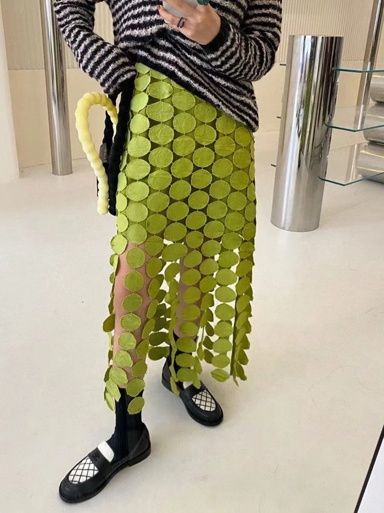 CHICEVER Tassel Panel Skirt For Women High Waist Patchwork Dot Irregular Hem Casual Skirts Female Fashion New Clothing Style