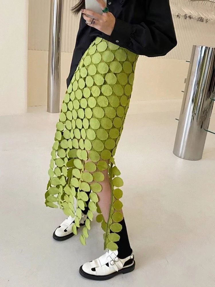 CHICEVER Tassel Panel Skirt For Women High Waist Patchwork Dot Irregular Hem Casual Skirts Female Fashion New Clothing Style