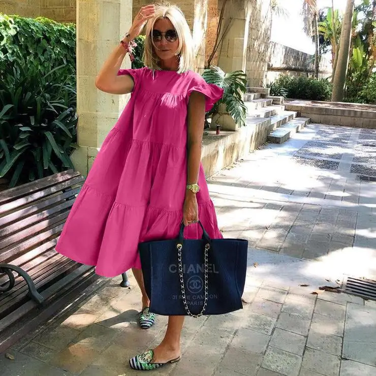 Women Loose Vintage Ruffles Befree Dress Sexy Summer Vest Tank Strap Boho Casual Holiday Party Elegant Midi Dresses