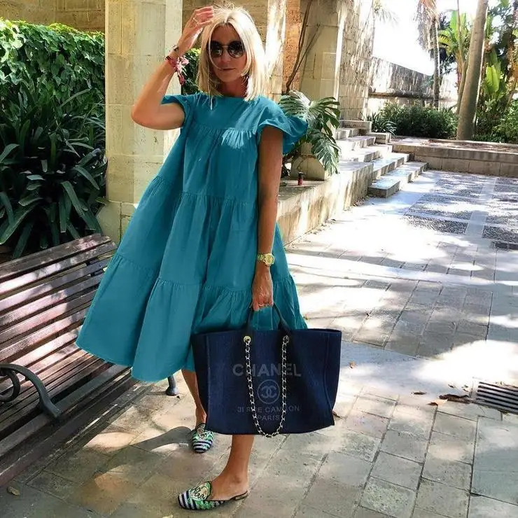 Women Loose Vintage Ruffles Befree Dress Sexy Summer Vest Tank Strap Boho Casual Holiday Party Elegant Midi Dresses