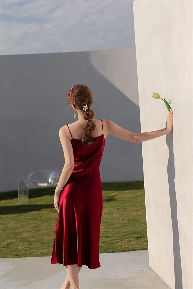 Sexy Spaghetti Strap Burgundy Vintage Artificial Silk Party Dresses Summer Women Satin Slip Dress Femme Long Robe Vestidos