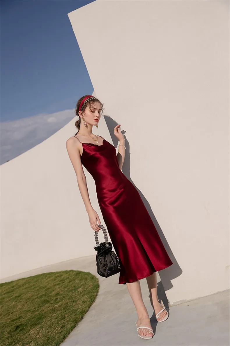 Sexy Spaghetti Strap Burgundy Vintage Artificial Silk Party Dresses Summer Women Satin Slip Dress Femme Long Robe Vestidos