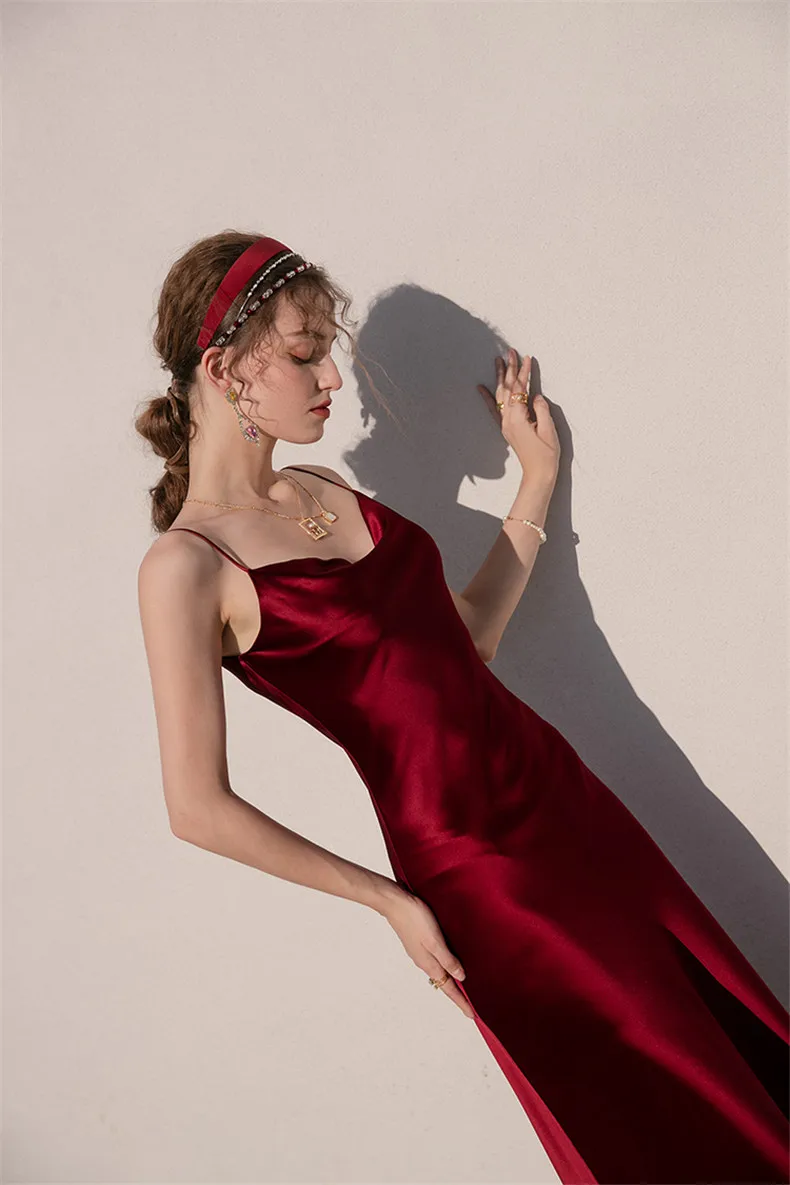 Sexy Spaghetti Strap Burgundy Vintage Artificial Silk Party Dresses Summer Women Satin Slip Dress Femme Long Robe Vestidos