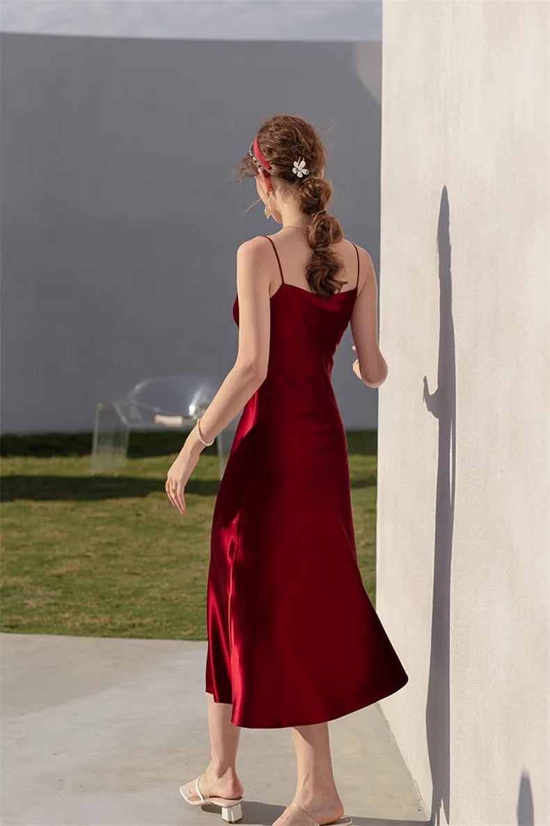 Sexy Spaghetti Strap Burgundy Vintage Artificial Silk Party Dresses Summer Women Satin Slip Dress Femme Long Robe Vestidos