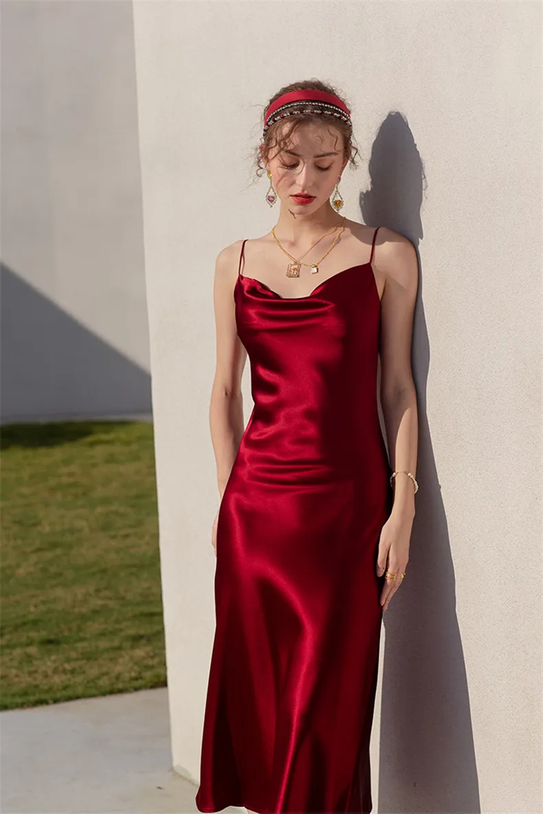 Sexy Spaghetti Strap Burgundy Vintage Artificial Silk Party Dresses Summer Women Satin Slip Dress Femme Long Robe Vestidos