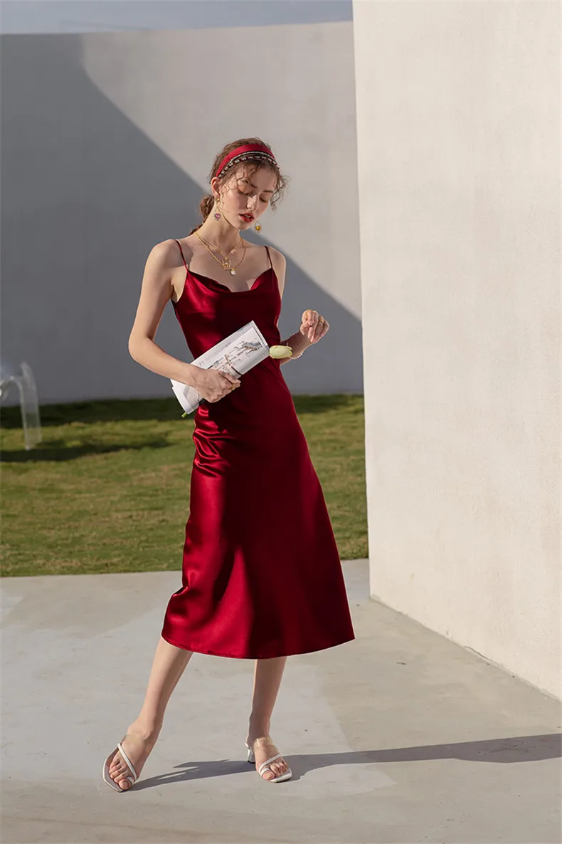 Sexy Spaghetti Strap Burgundy Vintage Artificial Silk Party Dresses Summer Women Satin Slip Dress Femme Long Robe Vestidos