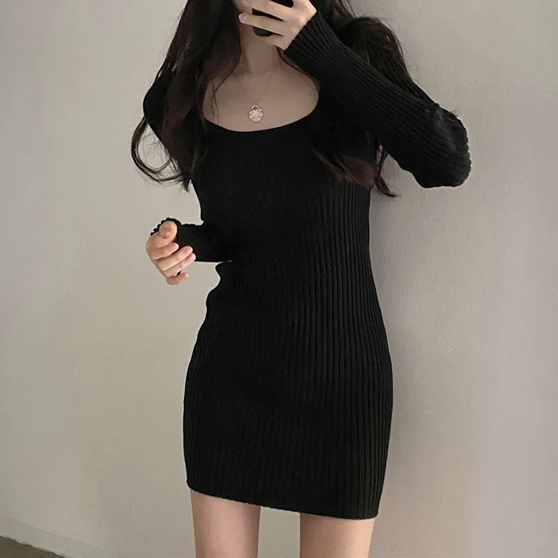 Xpqbb 2025 Fall Winter Skinny Knitted Dress Women Black Sexy Bodycon Mini Dresses Female Elegant Slim Long Sleeve Sweater Dress
