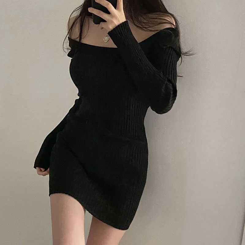 Xpqbb 2025 Fall Winter Skinny Knitted Dress Women Black Sexy Bodycon Mini Dresses Female Elegant Slim Long Sleeve Sweater Dress