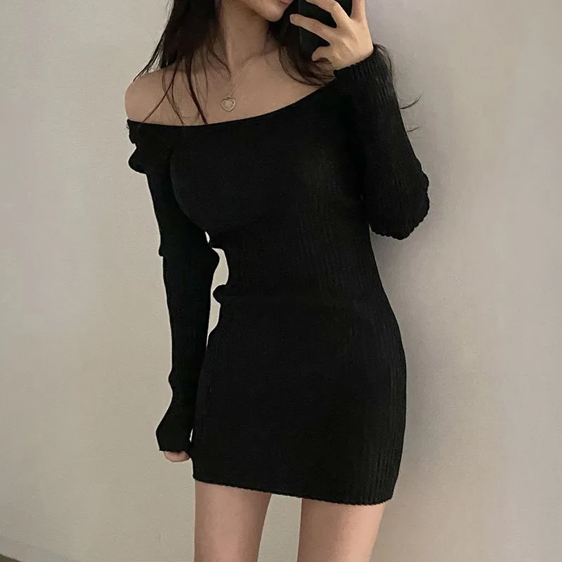 Xpqbb 2025 Fall Winter Skinny Knitted Dress Women Black Sexy Bodycon Mini Dresses Female Elegant Slim Long Sleeve Sweater Dress