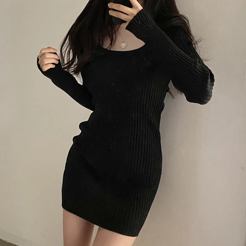 Xpqbb 2025 Fall Winter Skinny Knitted Dress Women Black Sexy Bodycon Mini Dresses Female Elegant Slim Long Sleeve Sweater Dress