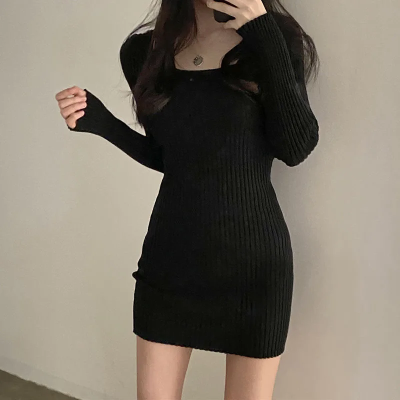 Xpqbb 2025 Fall Winter Skinny Knitted Dress Women Black Sexy Bodycon Mini Dresses Female Elegant Slim Long Sleeve Sweater Dress
