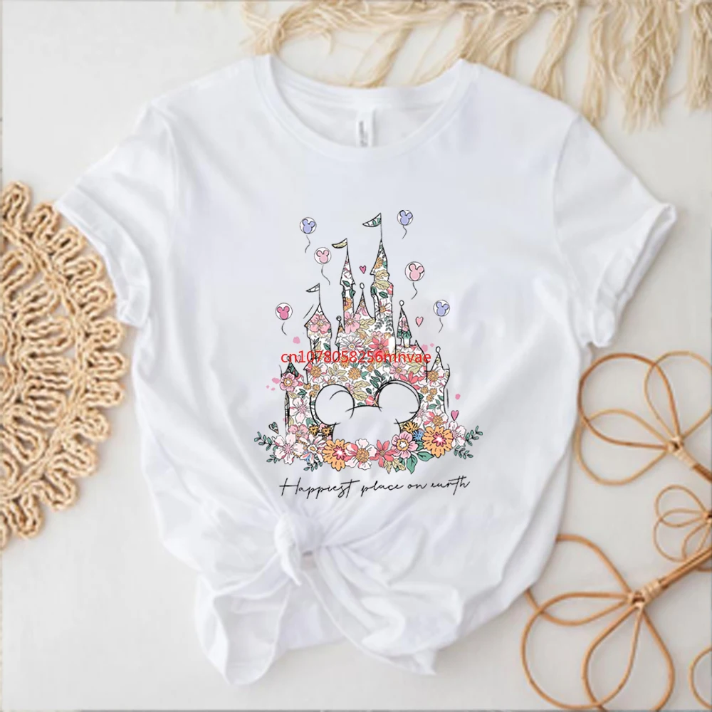 Aesthetic Floral Castle T Shirt Vintage Castle T-Shirt Happiest Place on Earth Tees Magic Tshirt Unisex Short Sleeves Tops