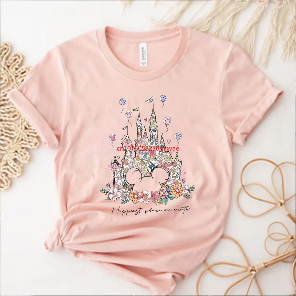 Aesthetic Floral Castle T Shirt Vintage Castle T-Shirt Happiest Place on Earth Tees Magic Tshirt Unisex Short Sleeves Tops