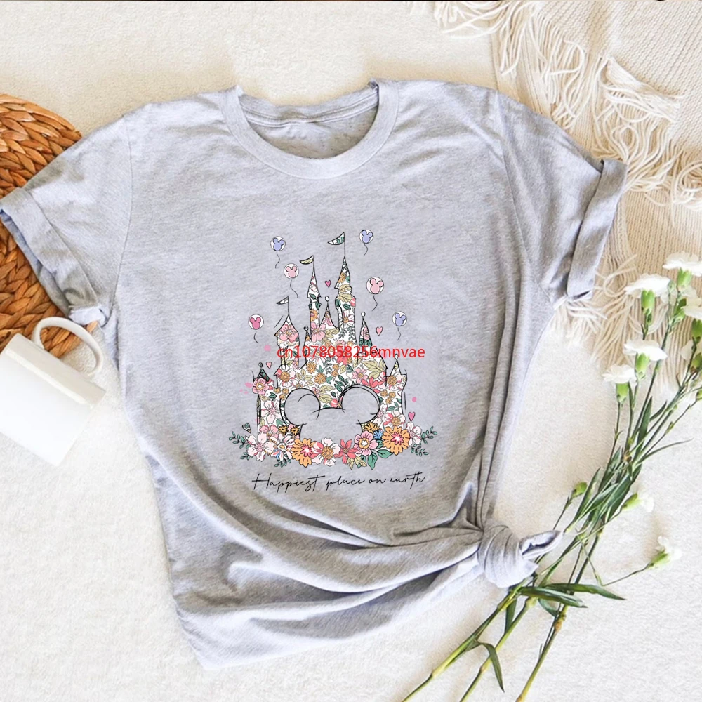 Aesthetic Floral Castle T Shirt Vintage Castle T-Shirt Happiest Place on Earth Tees Magic Tshirt Unisex Short Sleeves Tops