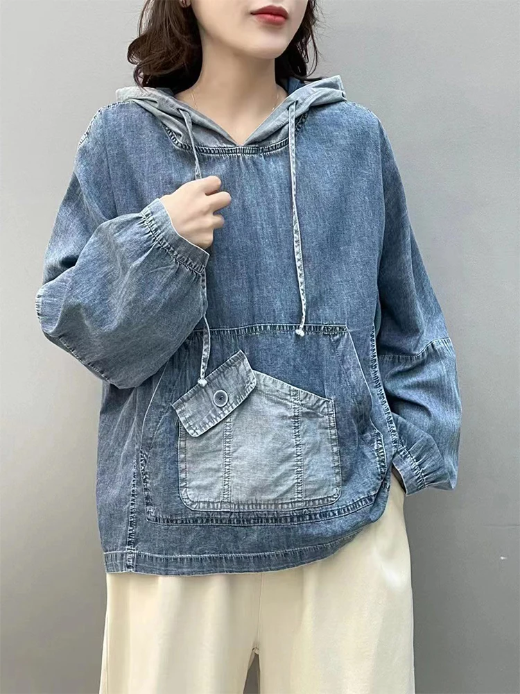 Amax luluE Spring Fashion Denim Hoodies Womens Vintage Hooded Classic Loose Sweatshirts Ladies Harajuku Leisure Korean Clothes