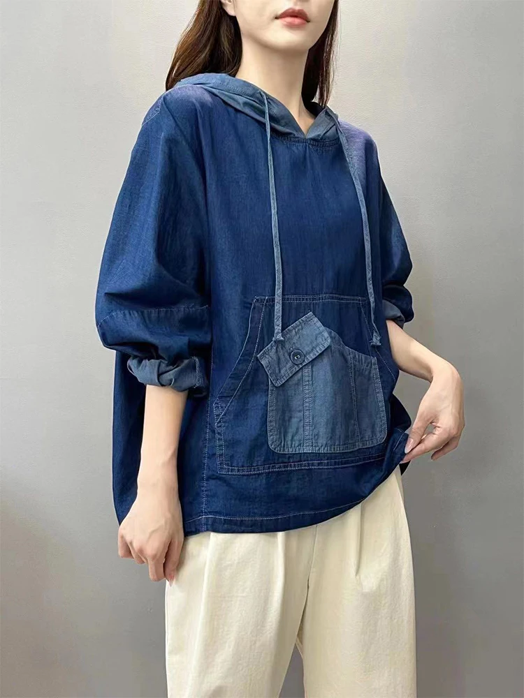 Amax luluE Spring Fashion Denim Hoodies Womens Vintage Hooded Classic Loose Sweatshirts Ladies Harajuku Leisure Korean Clothes