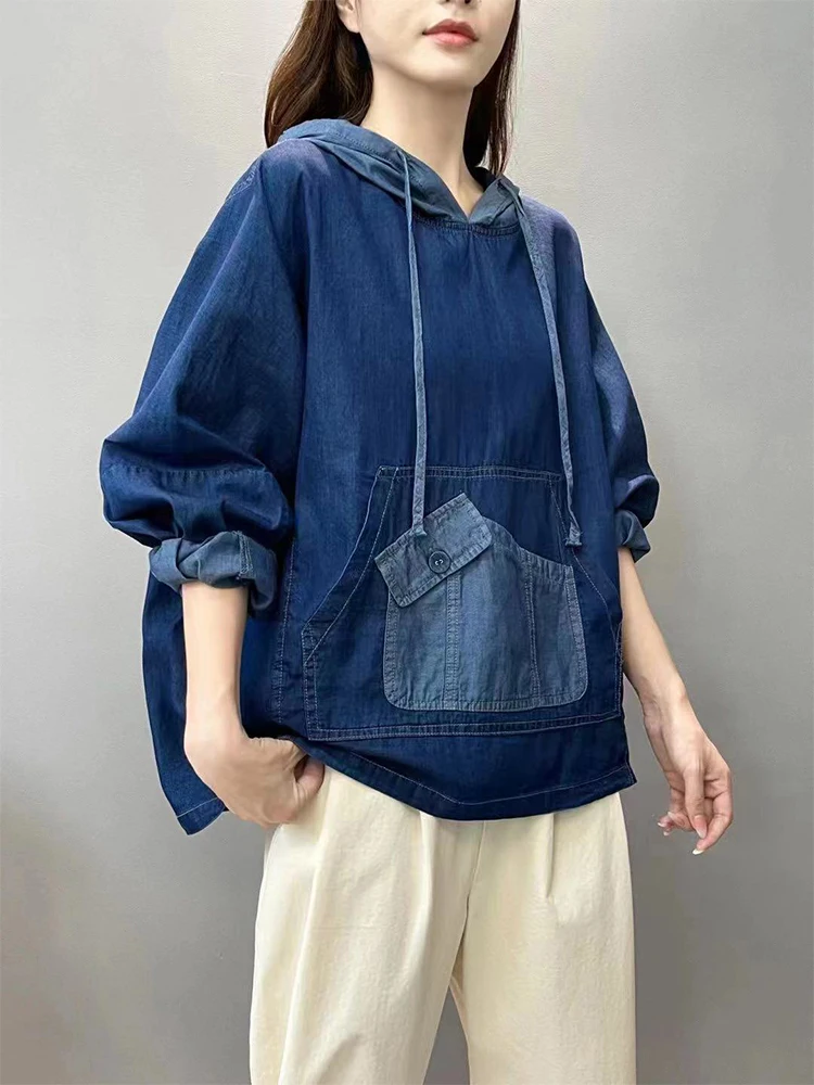 Amax luluE Spring Fashion Denim Hoodies Womens Vintage Hooded Classic Loose Sweatshirts Ladies Harajuku Leisure Korean Clothes