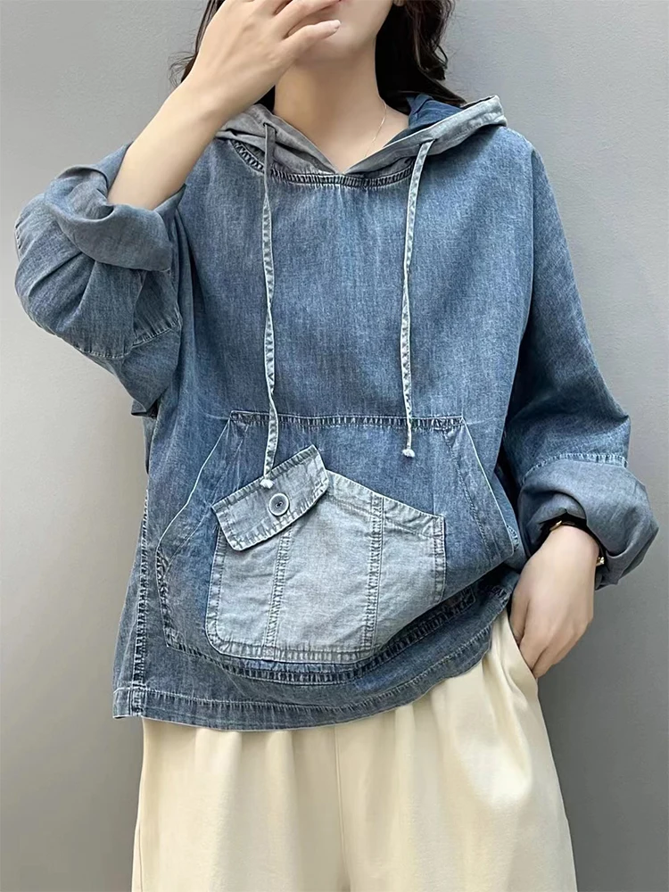 Amax luluE Spring Fashion Denim Hoodies Womens Vintage Hooded Classic Loose Sweatshirts Ladies Harajuku Leisure Korean Clothes