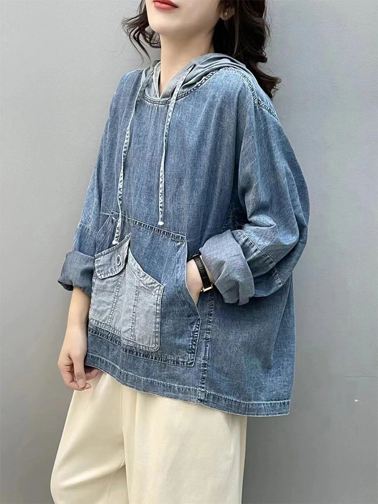 Amax luluE Spring Fashion Denim Hoodies Womens Vintage Hooded Classic Loose Sweatshirts Ladies Harajuku Leisure Korean Clothes
