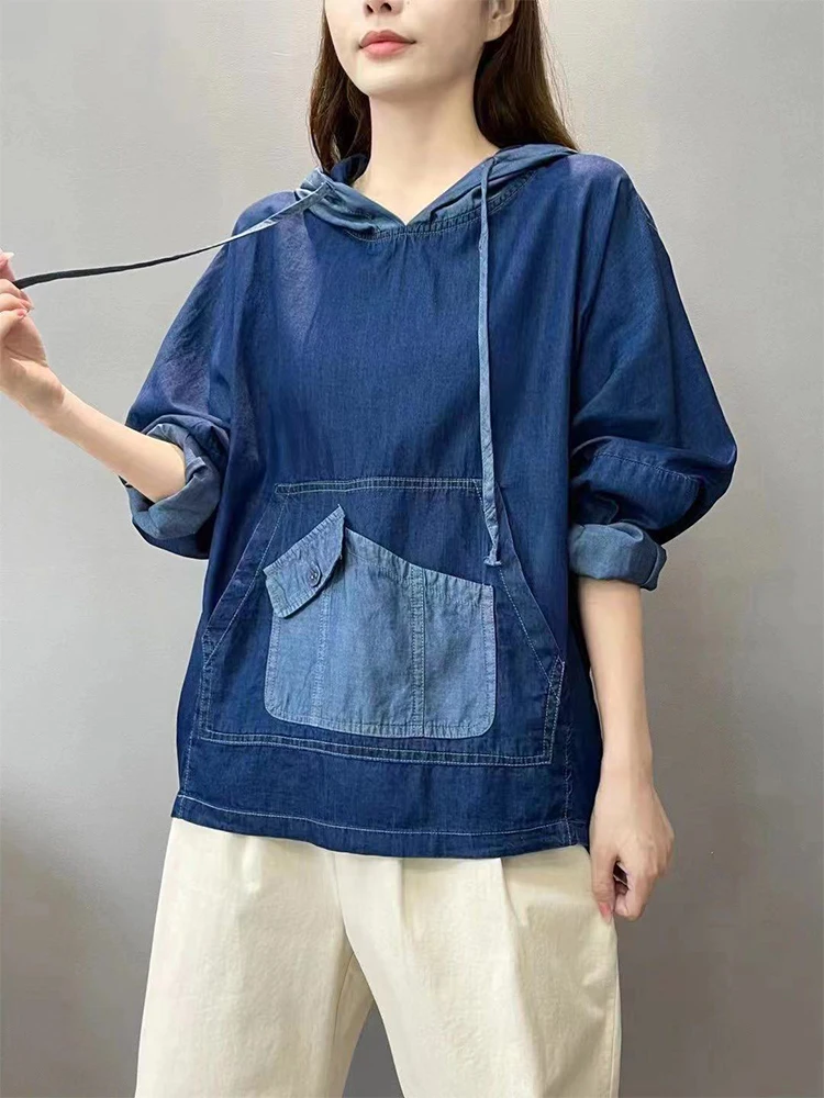 Amax luluE Spring Fashion Denim Hoodies Womens Vintage Hooded Classic Loose Sweatshirts Ladies Harajuku Leisure Korean Clothes