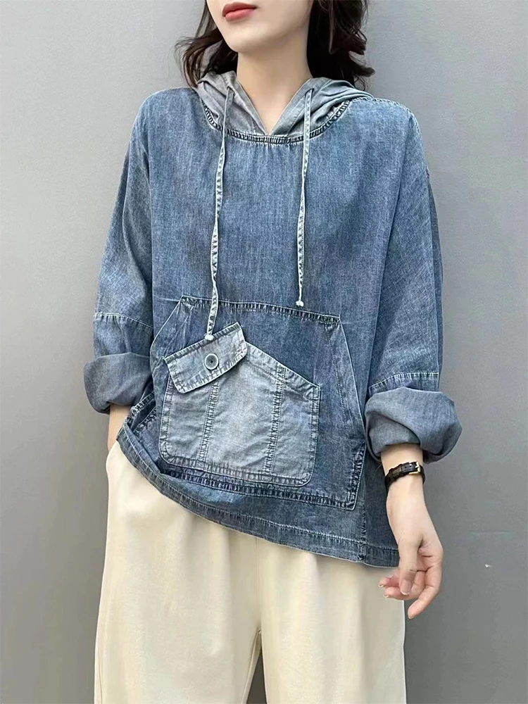 Amax luluE Spring Fashion Denim Hoodies Womens Vintage Hooded Classic Loose Sweatshirts Ladies Harajuku Leisure Korean Clothes