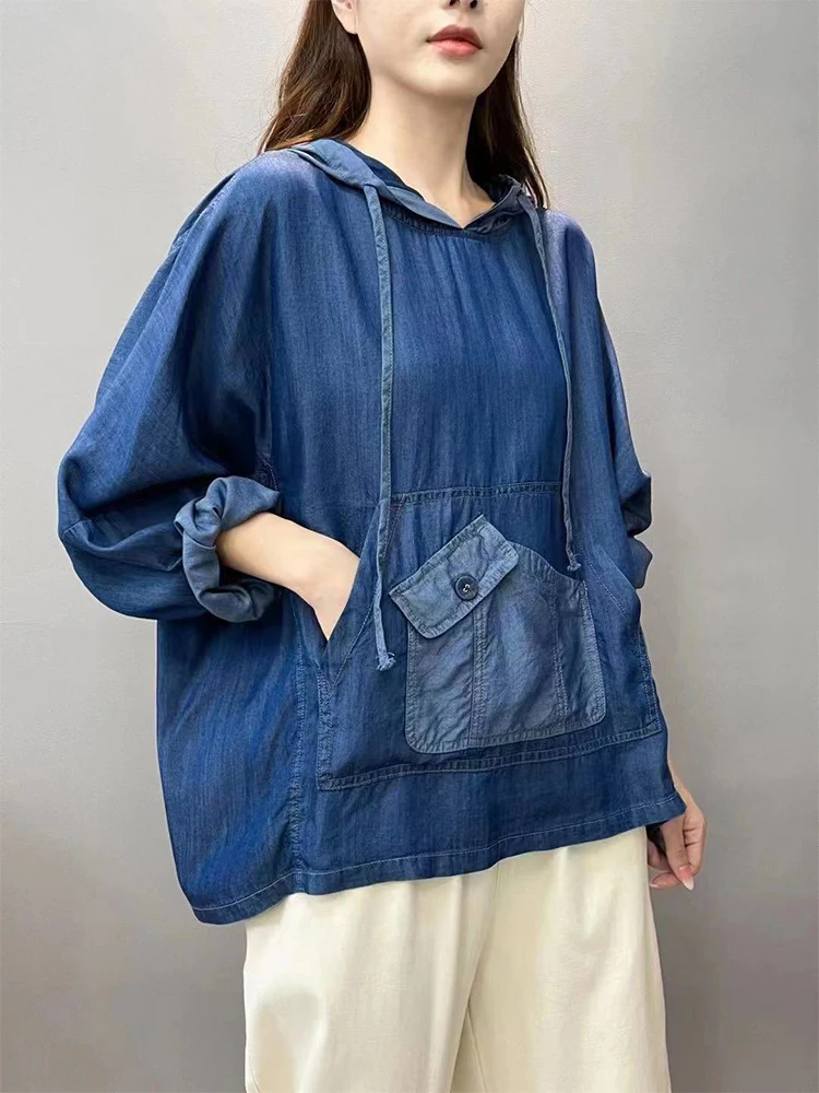 Amax luluE Spring Fashion Denim Hoodies Womens Vintage Hooded Classic Loose Sweatshirts Ladies Harajuku Leisure Korean Clothes