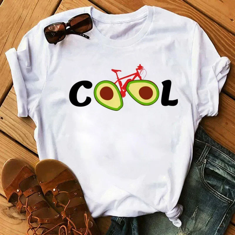 Spring Summer Ladies Floral Bicycle Pattern Fashion Cartoon Print White Letter T-shirt Woman Clothes Oversized T Shirt Tops Tee
