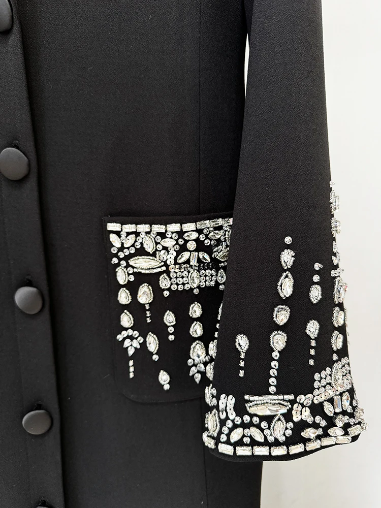 HIGH STREET Newest 2026 Designer Fashion Women's Long Sleeve Notched Collar Rhinestone Diamonds Beading Maxi Long Dress
