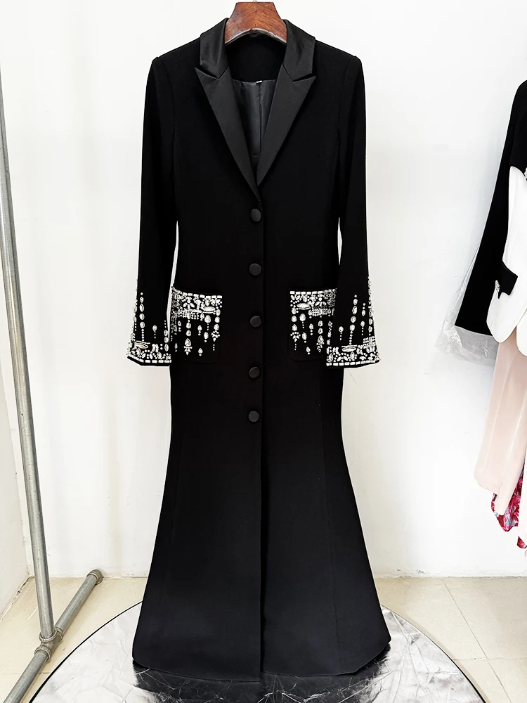 HIGH STREET Newest 2026 Designer Fashion Women's Long Sleeve Notched Collar Rhinestone Diamonds Beading Maxi Long Dress