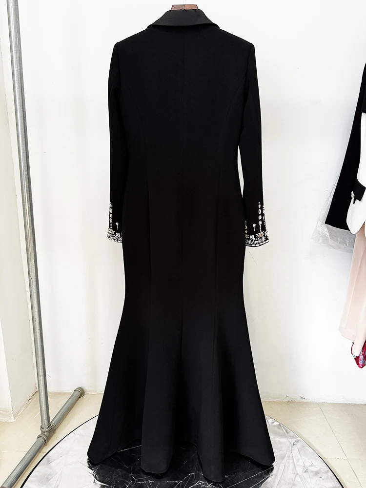 HIGH STREET Newest 2026 Designer Fashion Women's Long Sleeve Notched Collar Rhinestone Diamonds Beading Maxi Long Dress