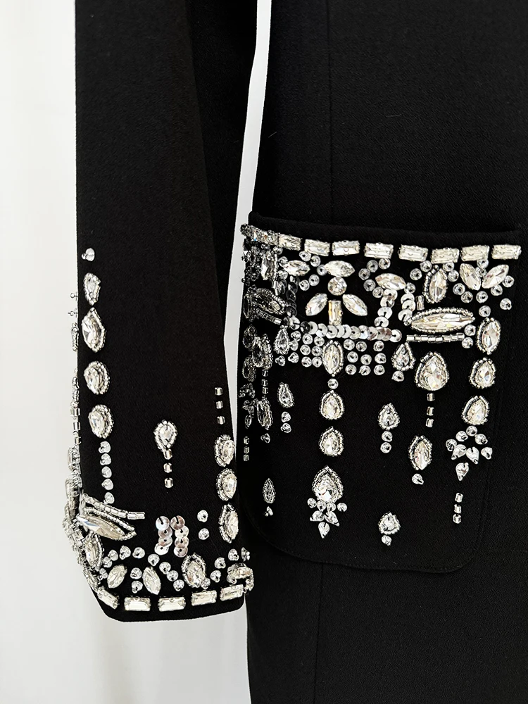 HIGH STREET Newest 2026 Designer Fashion Women's Long Sleeve Notched Collar Rhinestone Diamonds Beading Maxi Long Dress