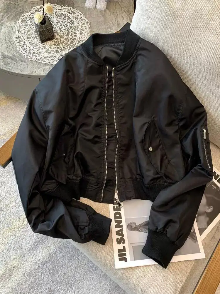 Women Bomber Jacket Zipper Long Sleeve Coat Spring Autumn Cropped Jacket Sweatshirt Pocket Patchwork Tops Loose Casual Outerwear