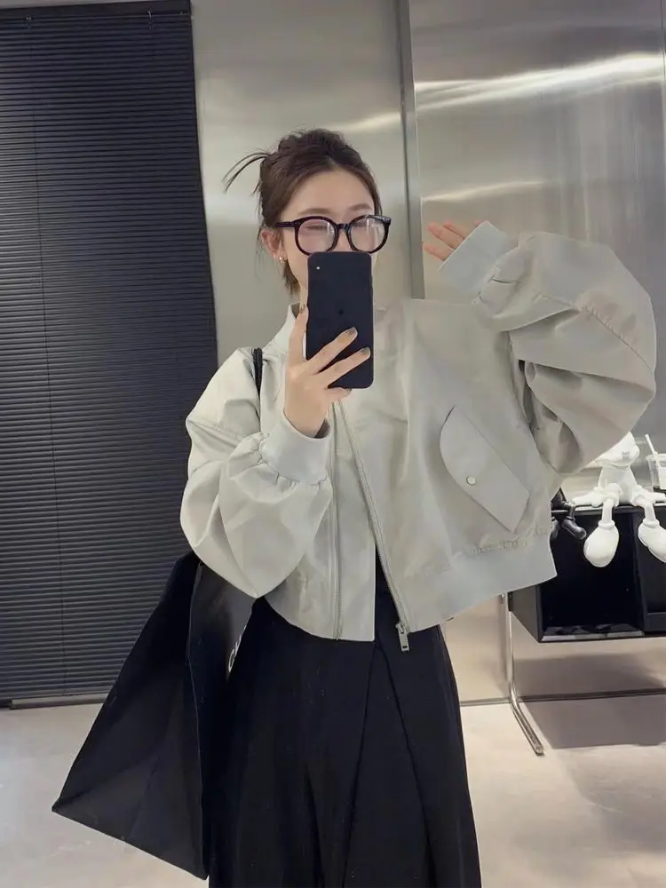 Women Bomber Jacket Zipper Long Sleeve Coat Spring Autumn Cropped Jacket Sweatshirt Pocket Patchwork Tops Loose Casual Outerwear