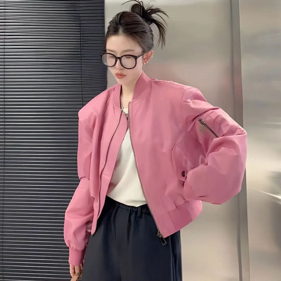 Women Bomber Jacket Zipper Long Sleeve Coat Spring Autumn Cropped Jacket Sweatshirt Pocket Patchwork Tops Loose Casual Outerwear