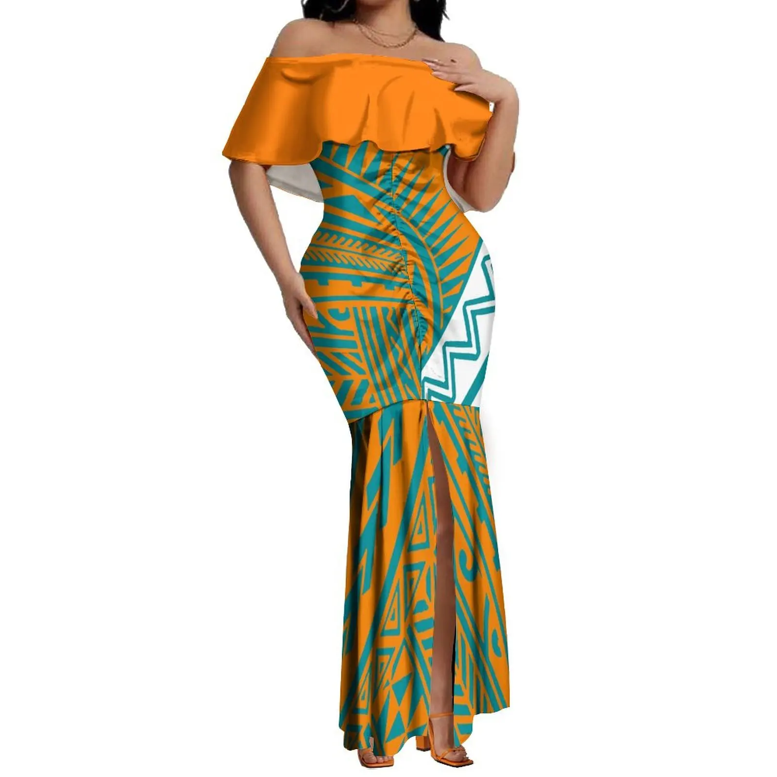 2024 New Hawaiian Gradient Polynesian Island Couple Set Women'S Off-The-Shoulder Dress Party Fishtail Skirt With Men'S Shirt