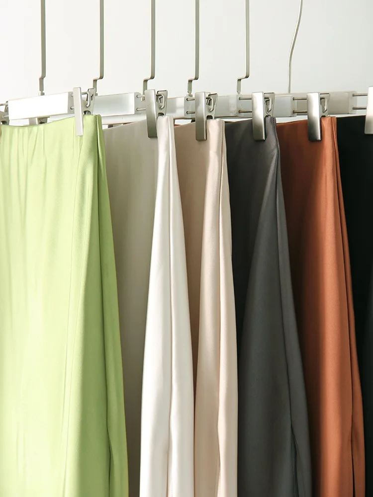 Women Green Midi Skirts A Line With Slit Office High Waist Women's Satin Skirts Elastic Waist Solid Silk Slit Skirts For Women