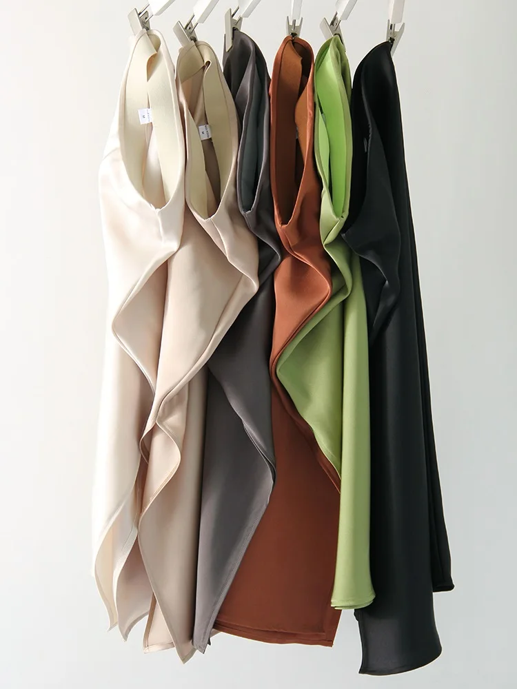 Women Green Midi Skirts A Line With Slit Office High Waist Women's Satin Skirts Elastic Waist Solid Silk Slit Skirts For Women