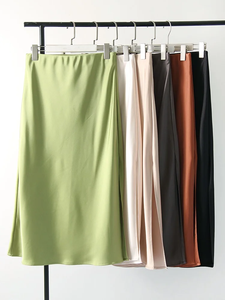 Women Green Midi Skirts A Line With Slit Office High Waist Women's Satin Skirts Elastic Waist Solid Silk Slit Skirts For Women